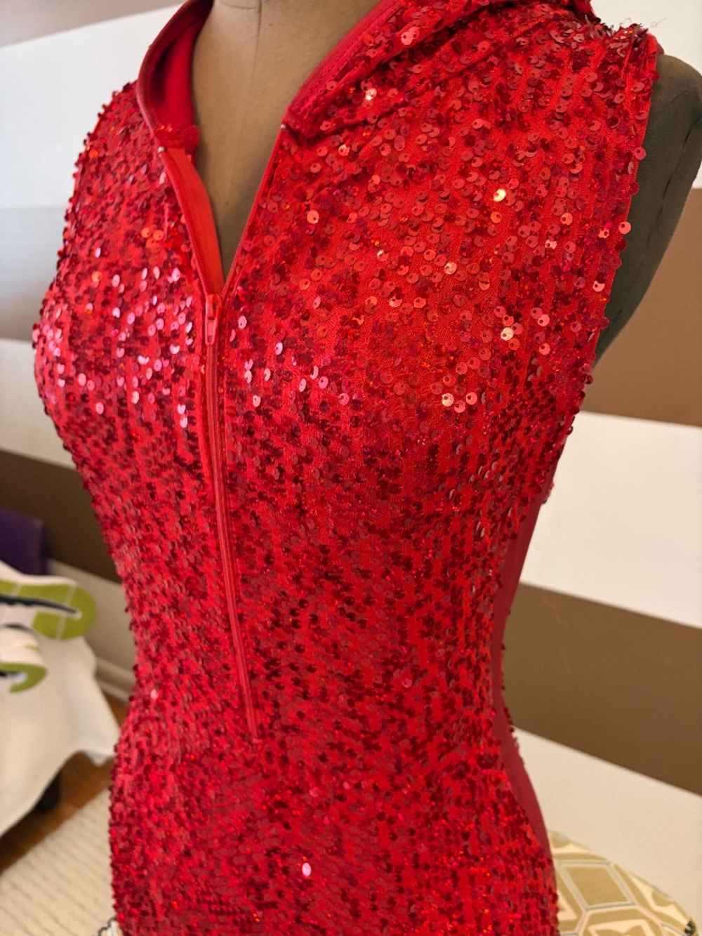 Red sequin hooded zip-up bike unitard - complete with matching fingerless gloves